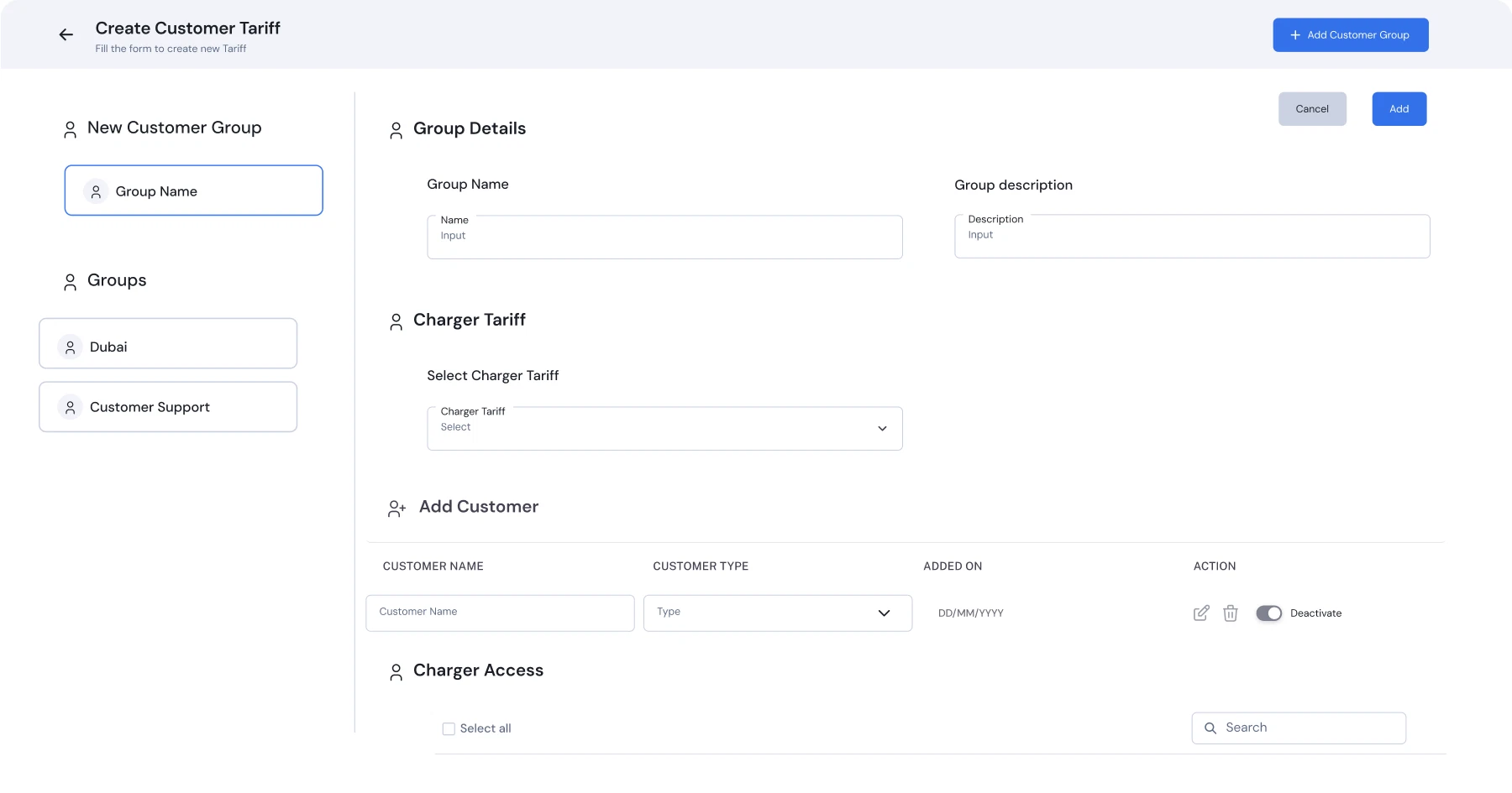 Building groups for tariffs and charger rules by tower and basement