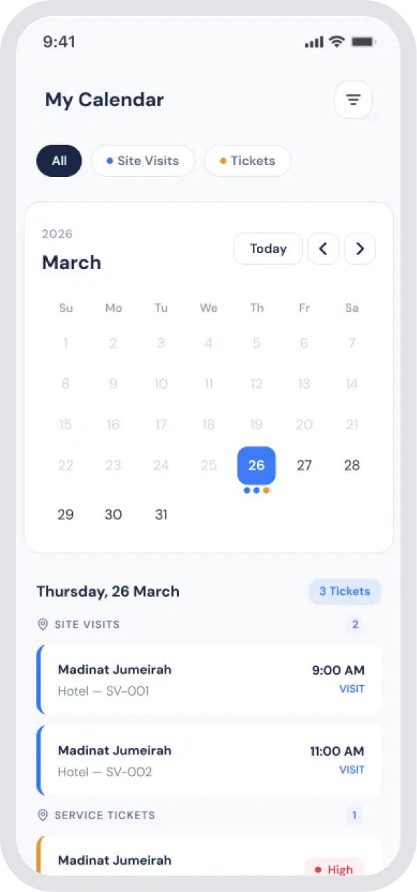 Operations App calendar screen for scheduling site visits.