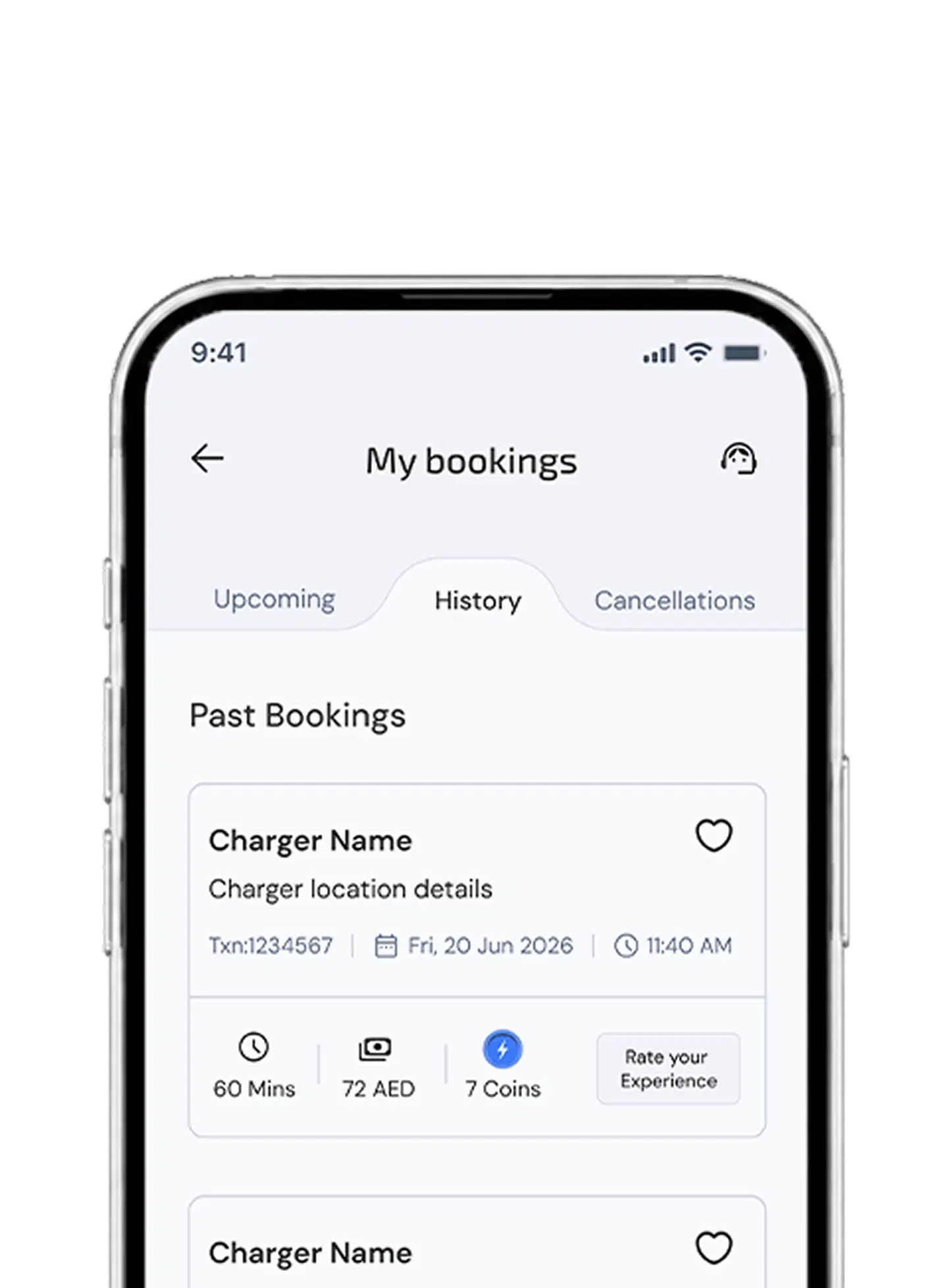 Customer App charging history screen showing past charging sessions.