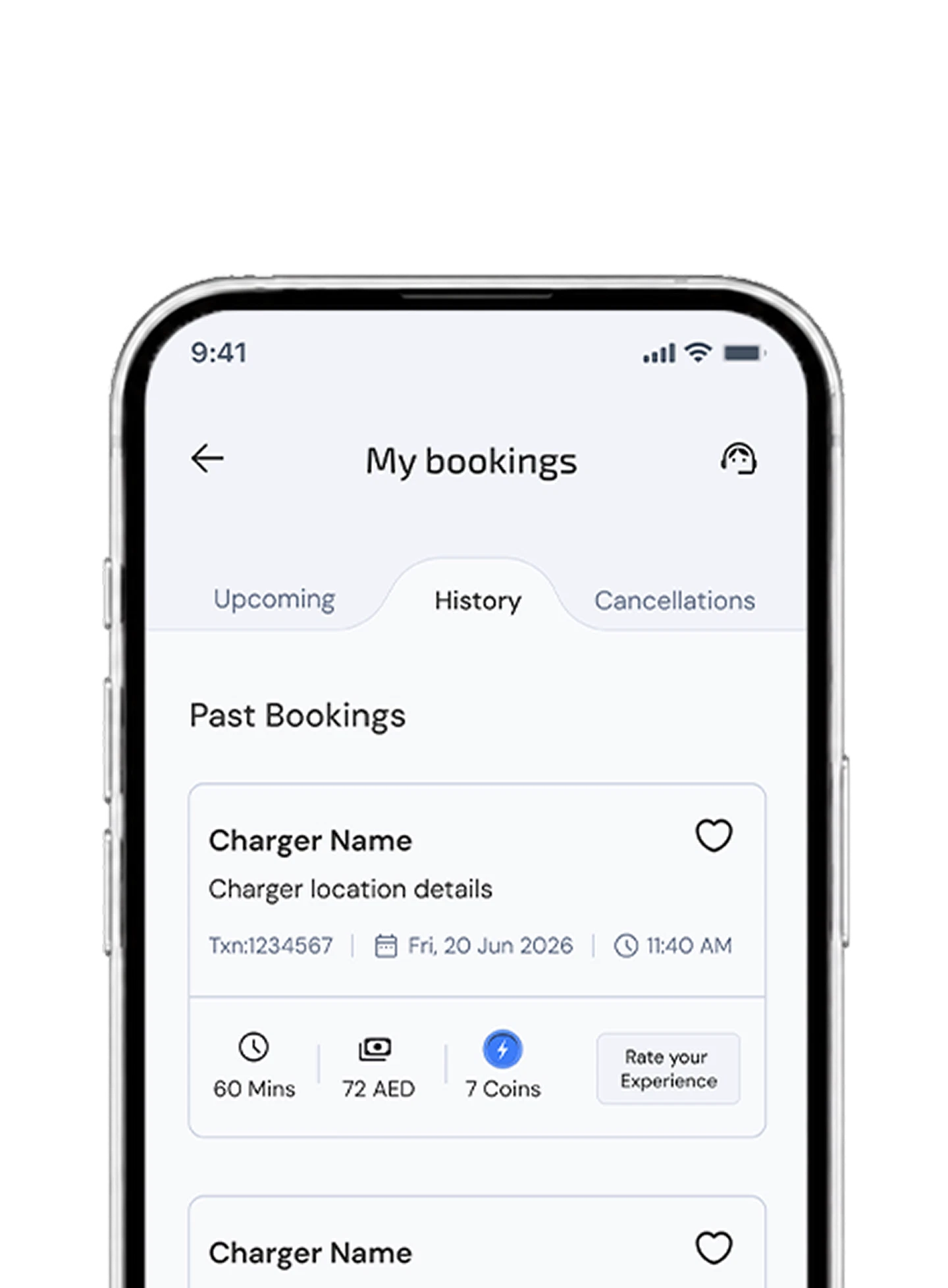 Zynetic User App charging history with past sessions, energy and spend.