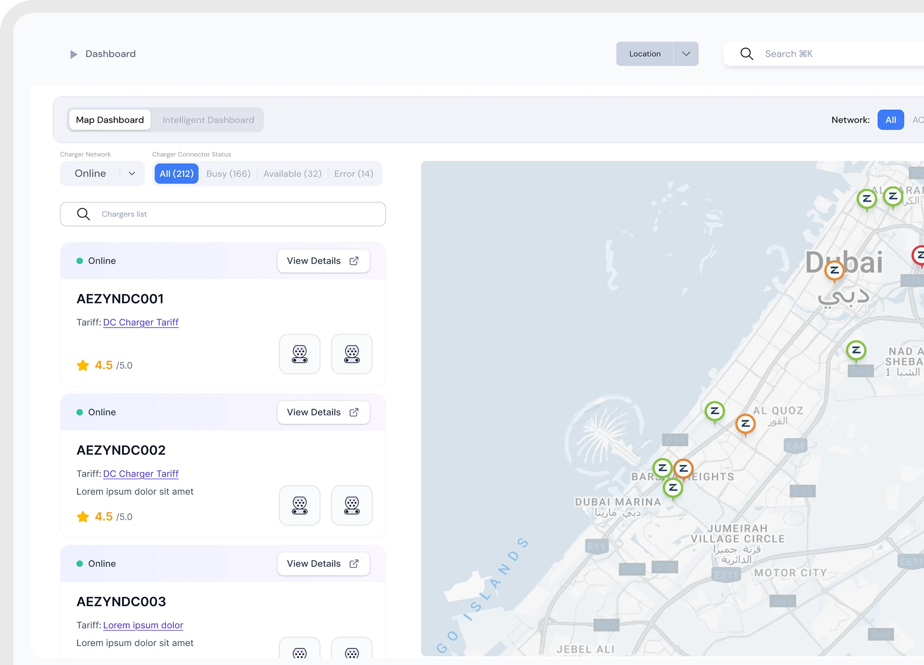 Zynetic CPMS dashboard map showing sites and chargers with live status.