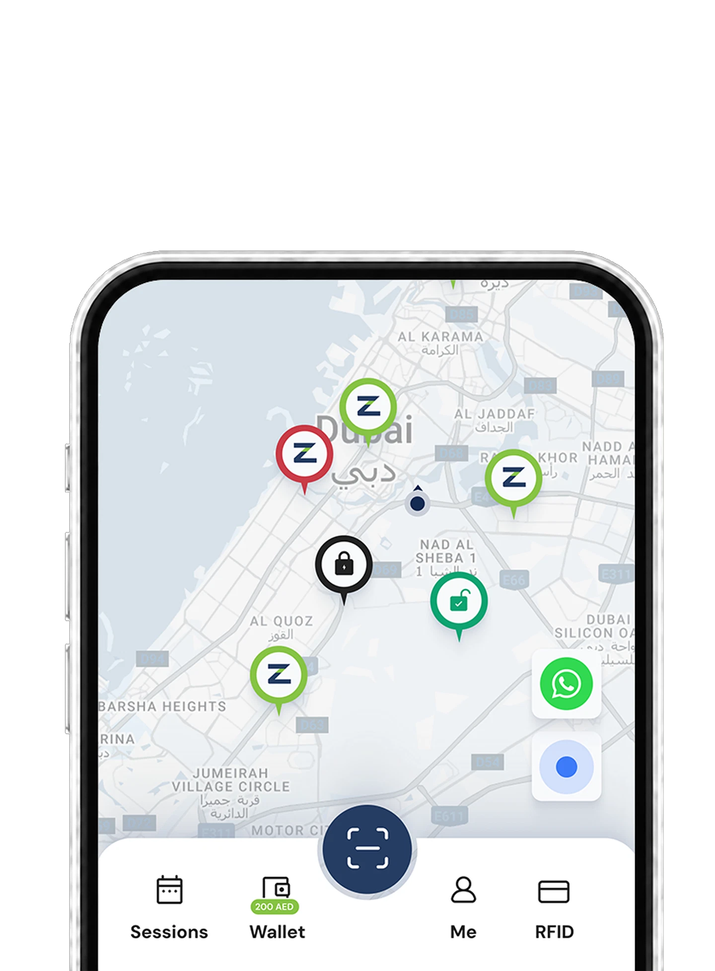 Zynetic User App map showing nearby chargers with availability, connectors and pricing.