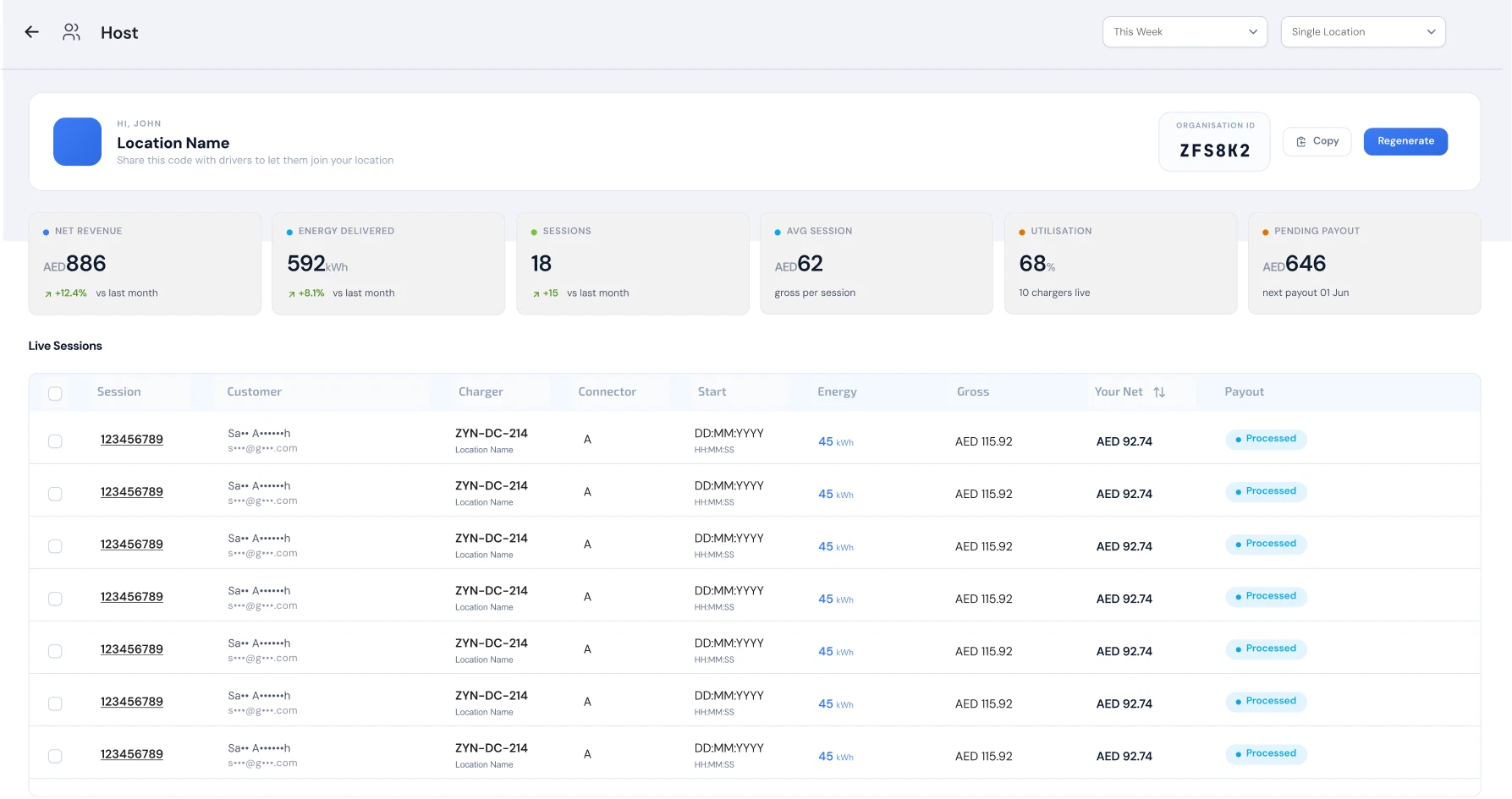 Host portal for building charging access and monthly statements