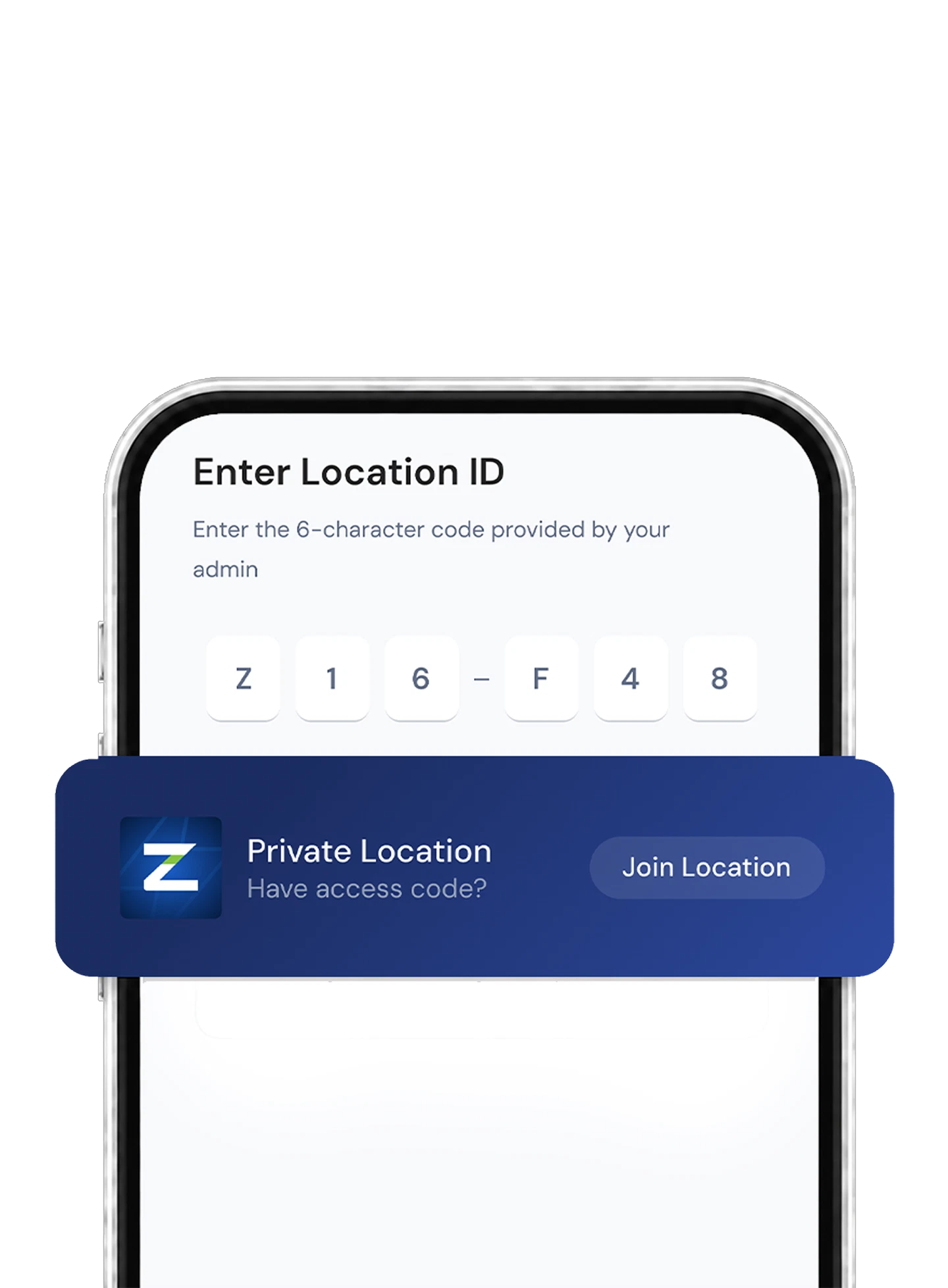 Zynetic User App join-a-location screen for requesting private site access.