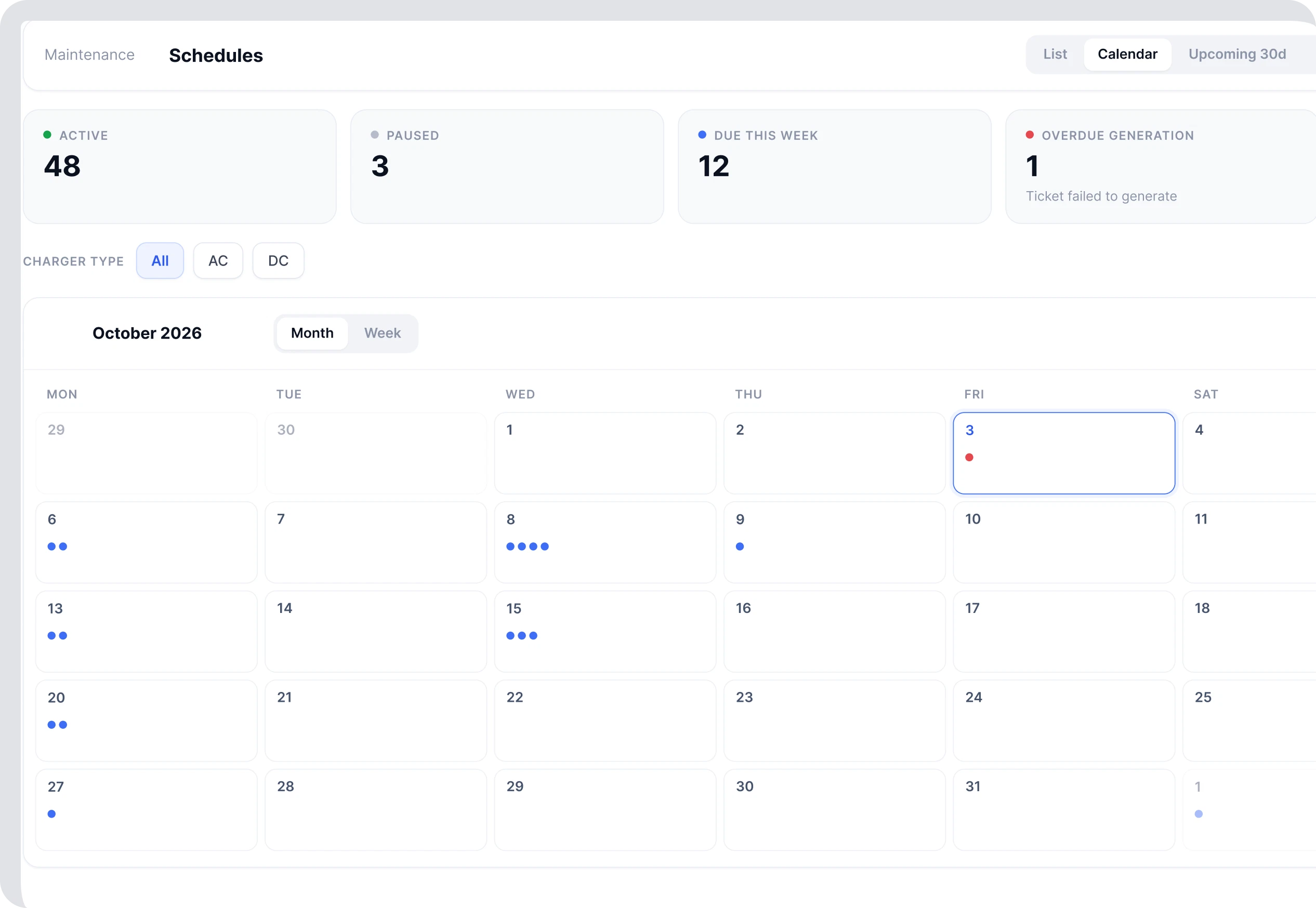 Zynetic Maintenance PM schedules showing planned visits on a calendar and the upcoming list.