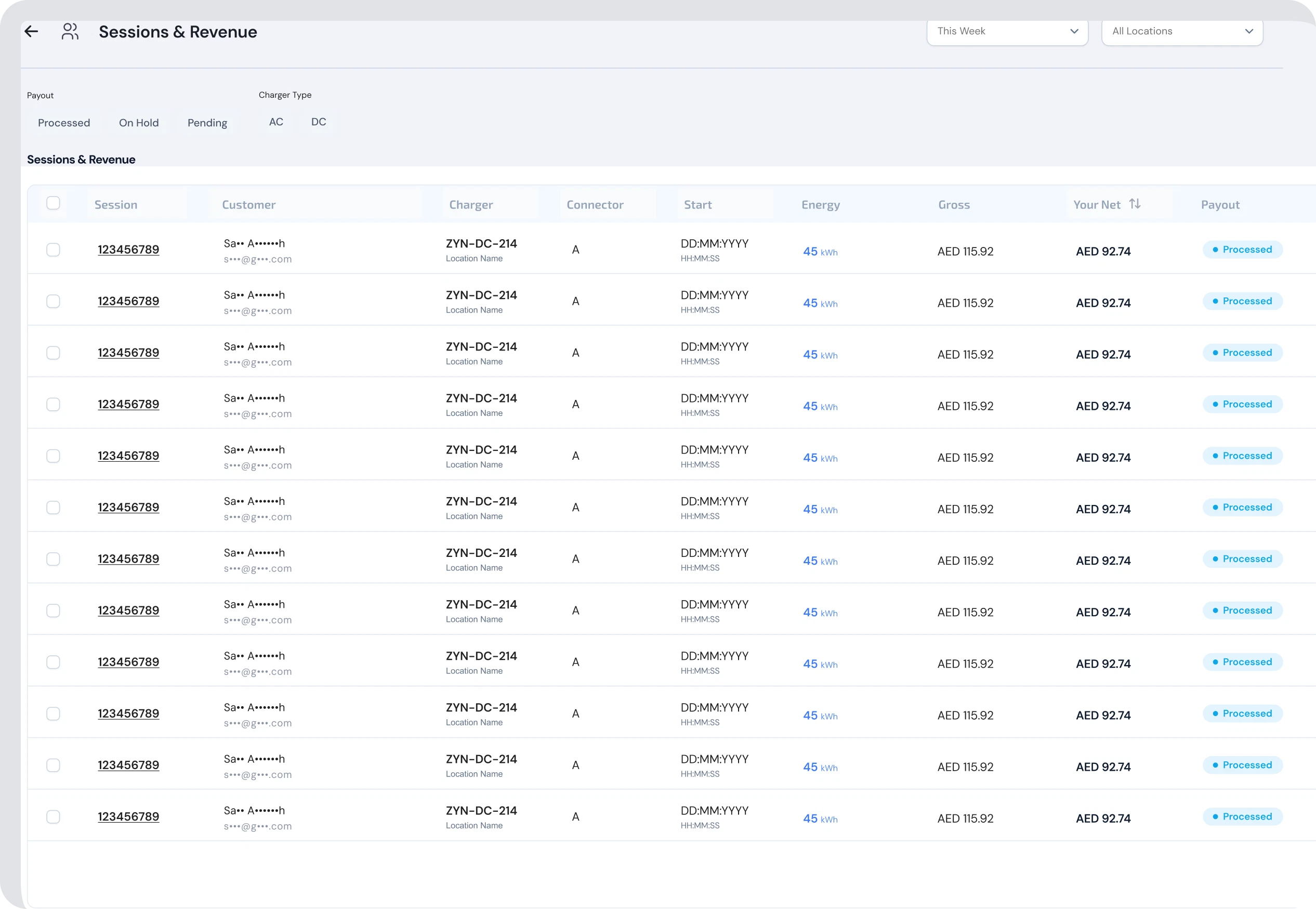 Zynetic Host Portal sessions list with gross, platform share and host net.