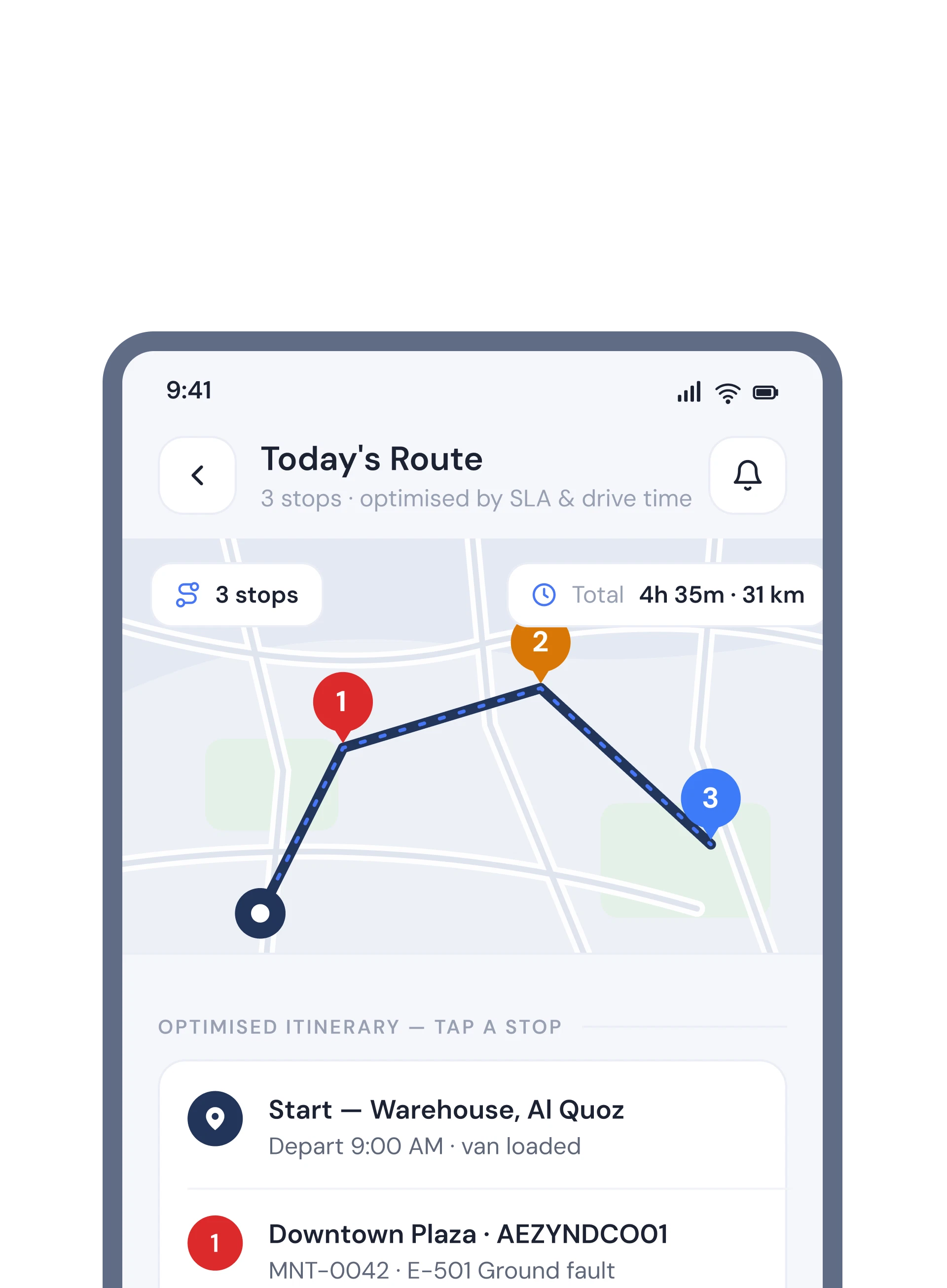 Zynetic Operations App showing the engineer's planned day and ordered job route.