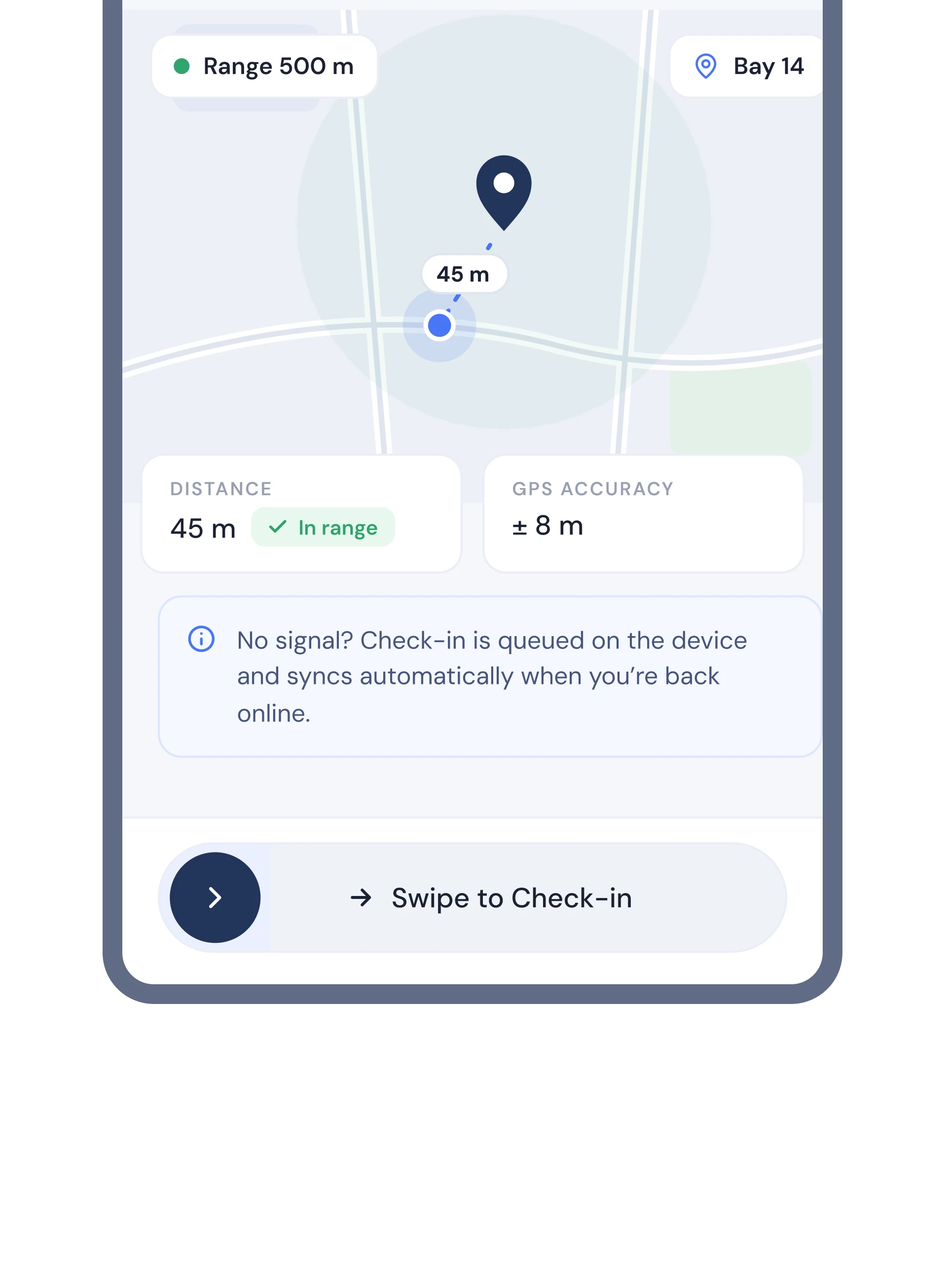 Zynetic Operations App check-in with GPS location and photo evidence for a site visit.