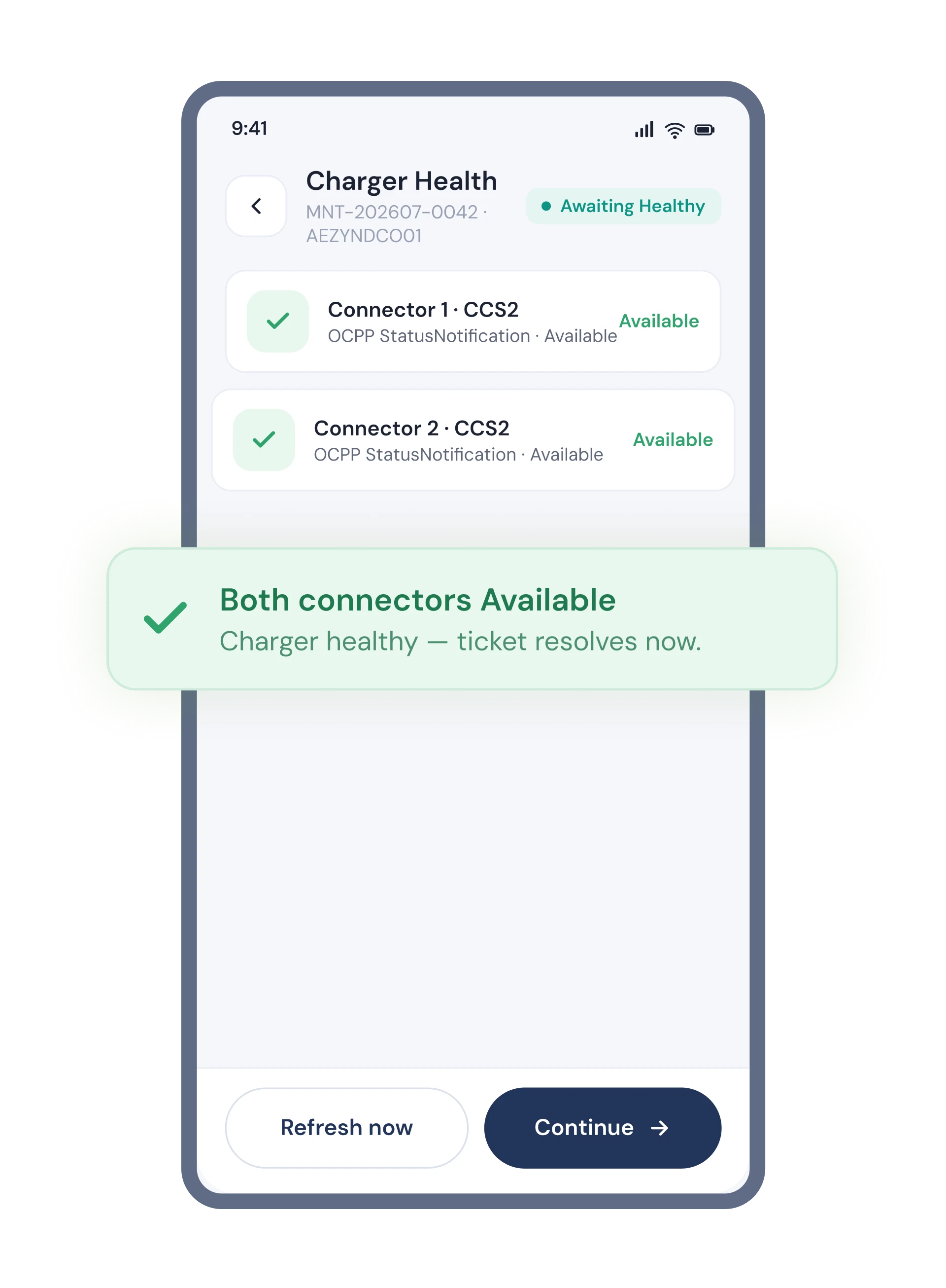 Zynetic Operations App health gate showing live OCPP charger status before a ticket closes.