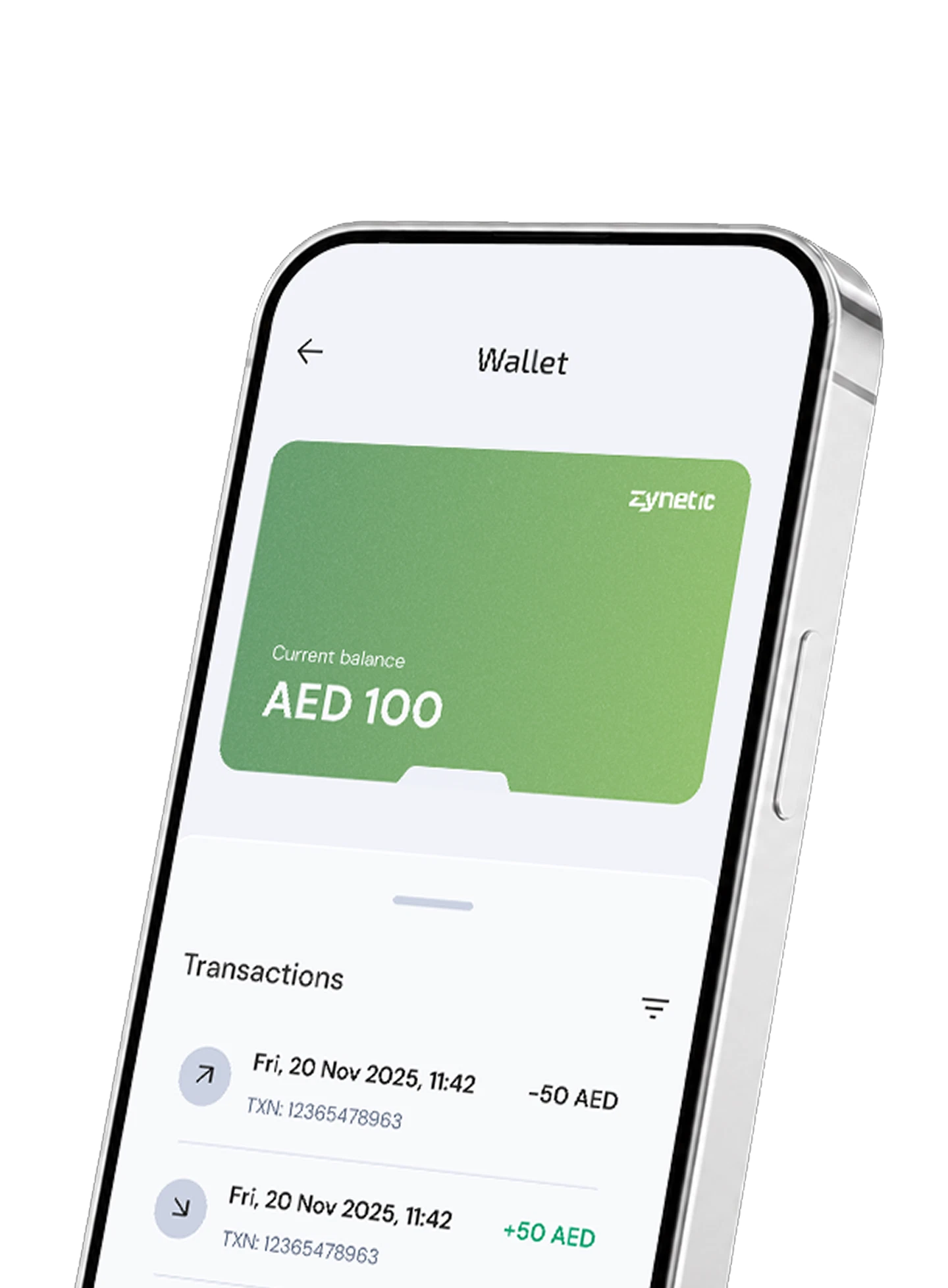 Zynetic User App wallet showing balance, saved cards and session receipts.
